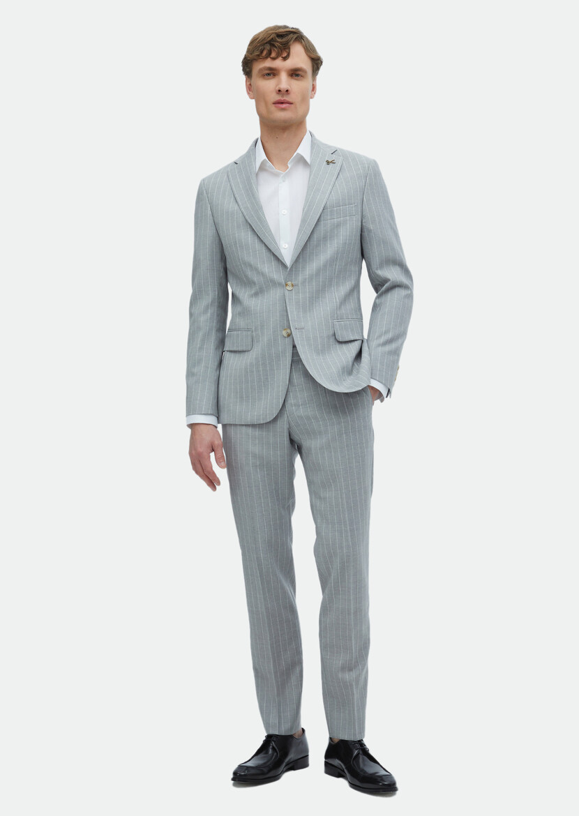 Grey Striped Zeroweight Slim Fit 100% Wool Suit - 2