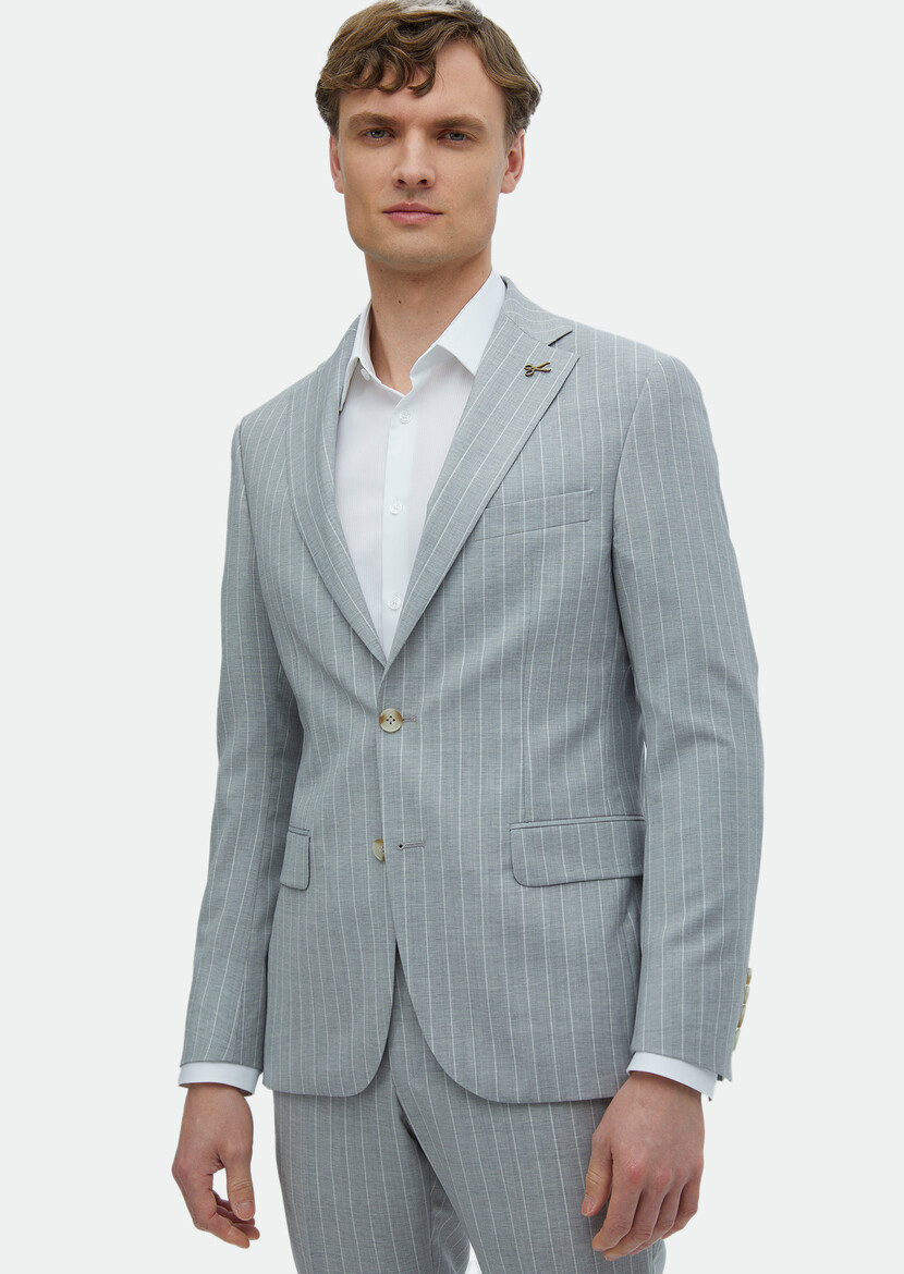 Grey Striped Zeroweight Slim Fit 100% Wool Suit - 3