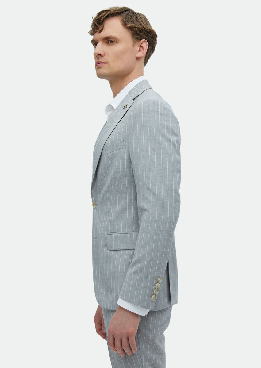 Grey Striped Zeroweight Slim Fit 100% Wool Suit - 4