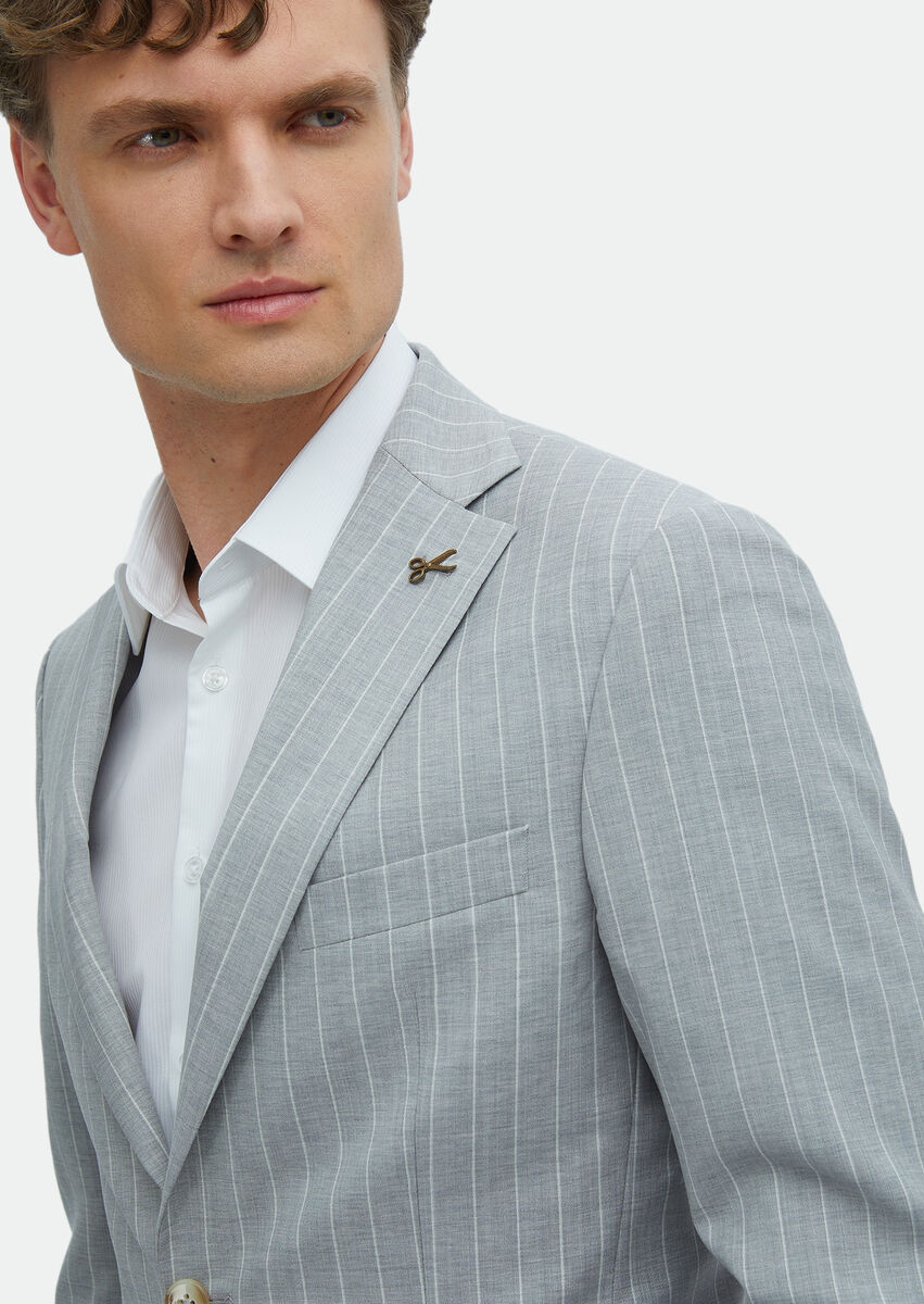 Grey Striped Zeroweight Slim Fit 100% Wool Suit - 5