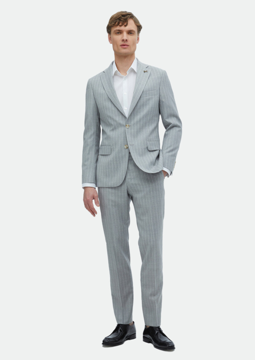 Grey Striped Zeroweight Slim Fit 100% Wool Suit - RAMSEY
