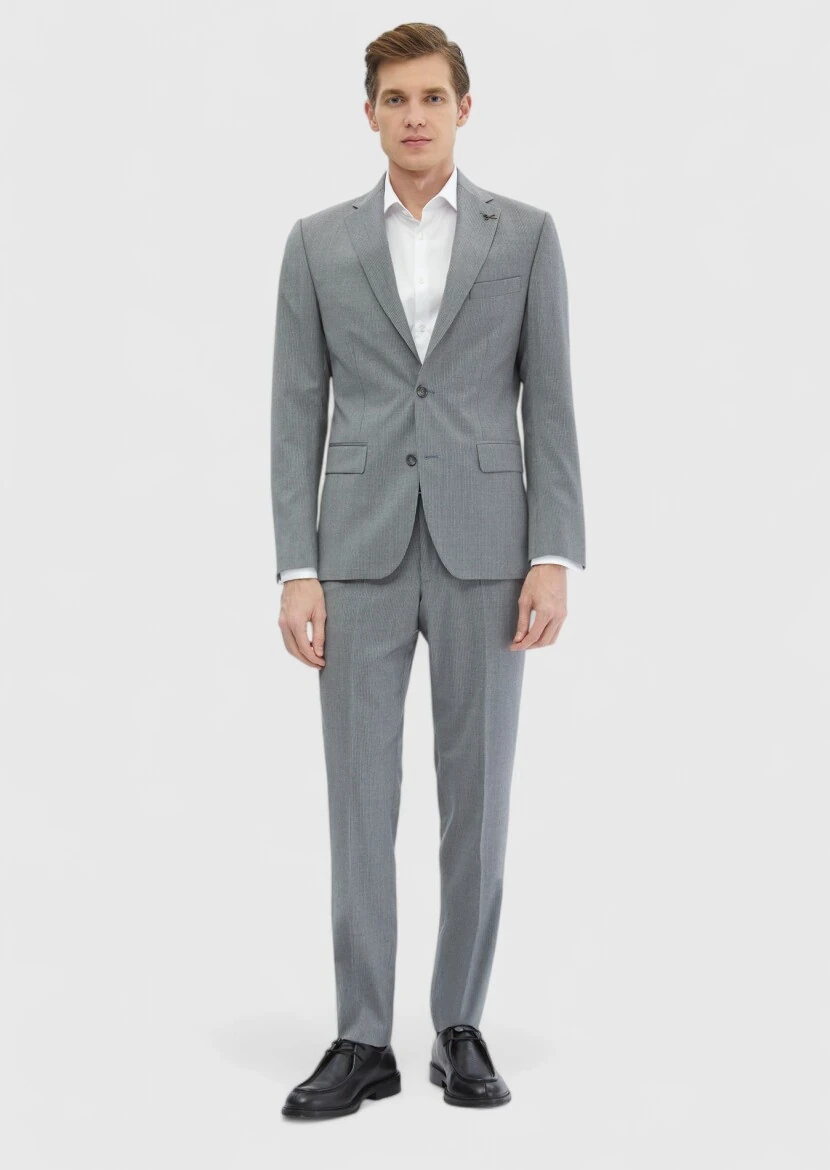 Grey Striped Zeroweight Slim Fit 100% Wool Suit - RAMSEY