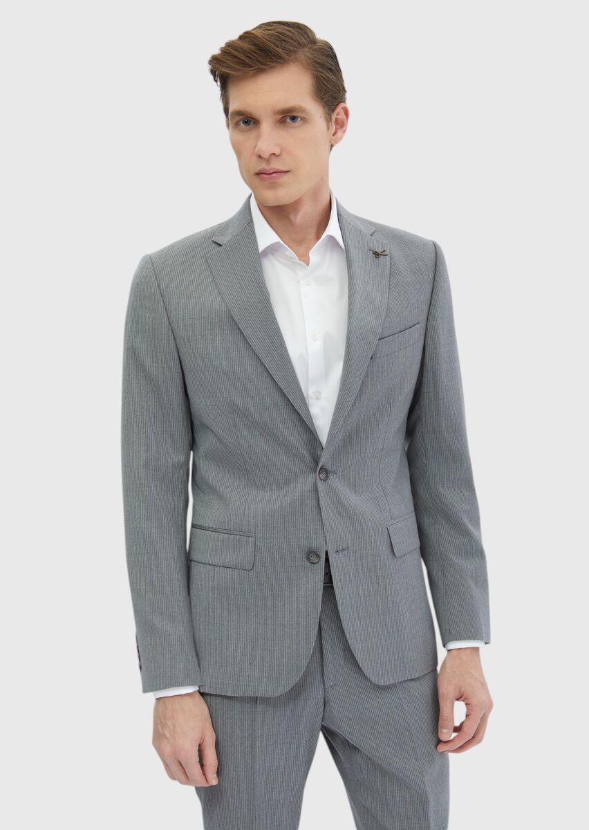 Grey Striped Zeroweight Slim Fit 100% Wool Suit - 1