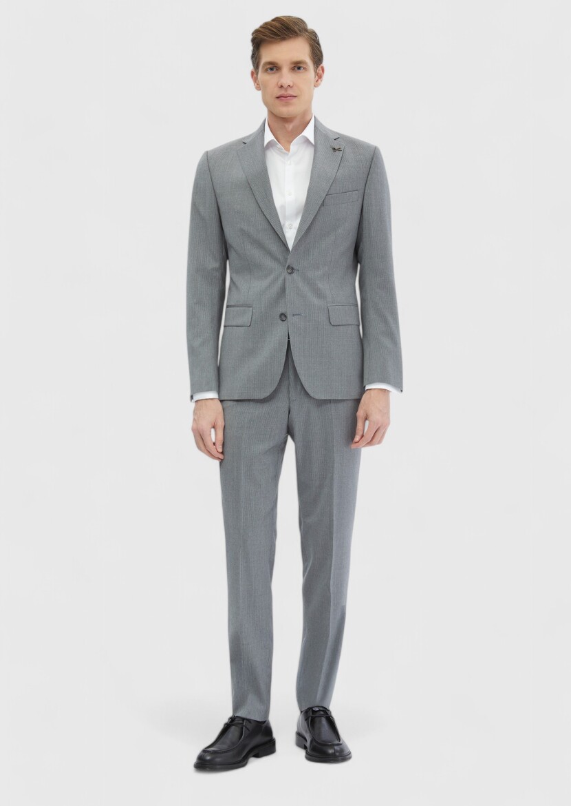 Grey Striped Zeroweight Slim Fit 100% Wool Suit - 2