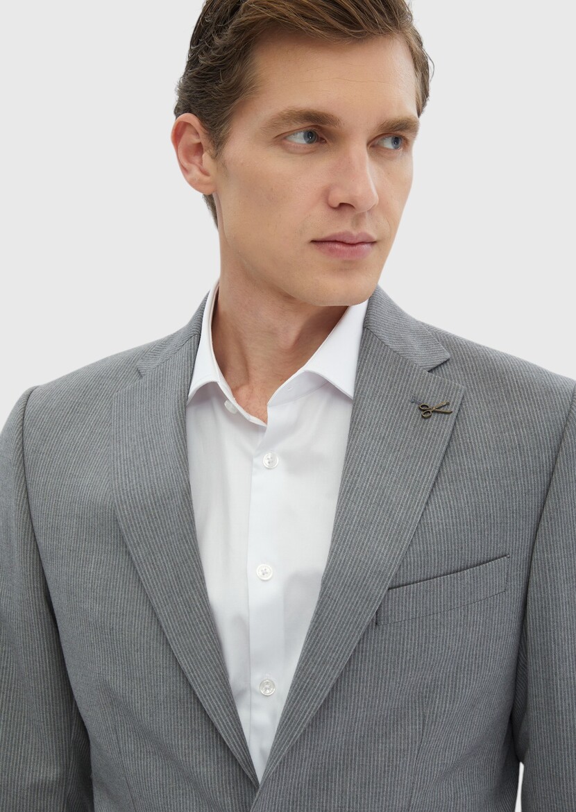 Grey Striped Zeroweight Slim Fit 100% Wool Suit - 3