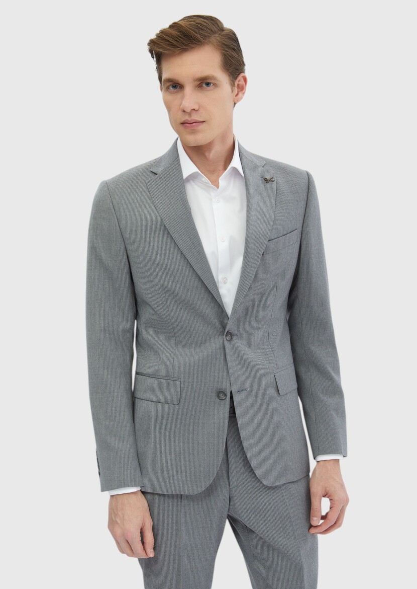 Grey Striped Zeroweight Slim Fit 100% Wool Suit - RAMSEY