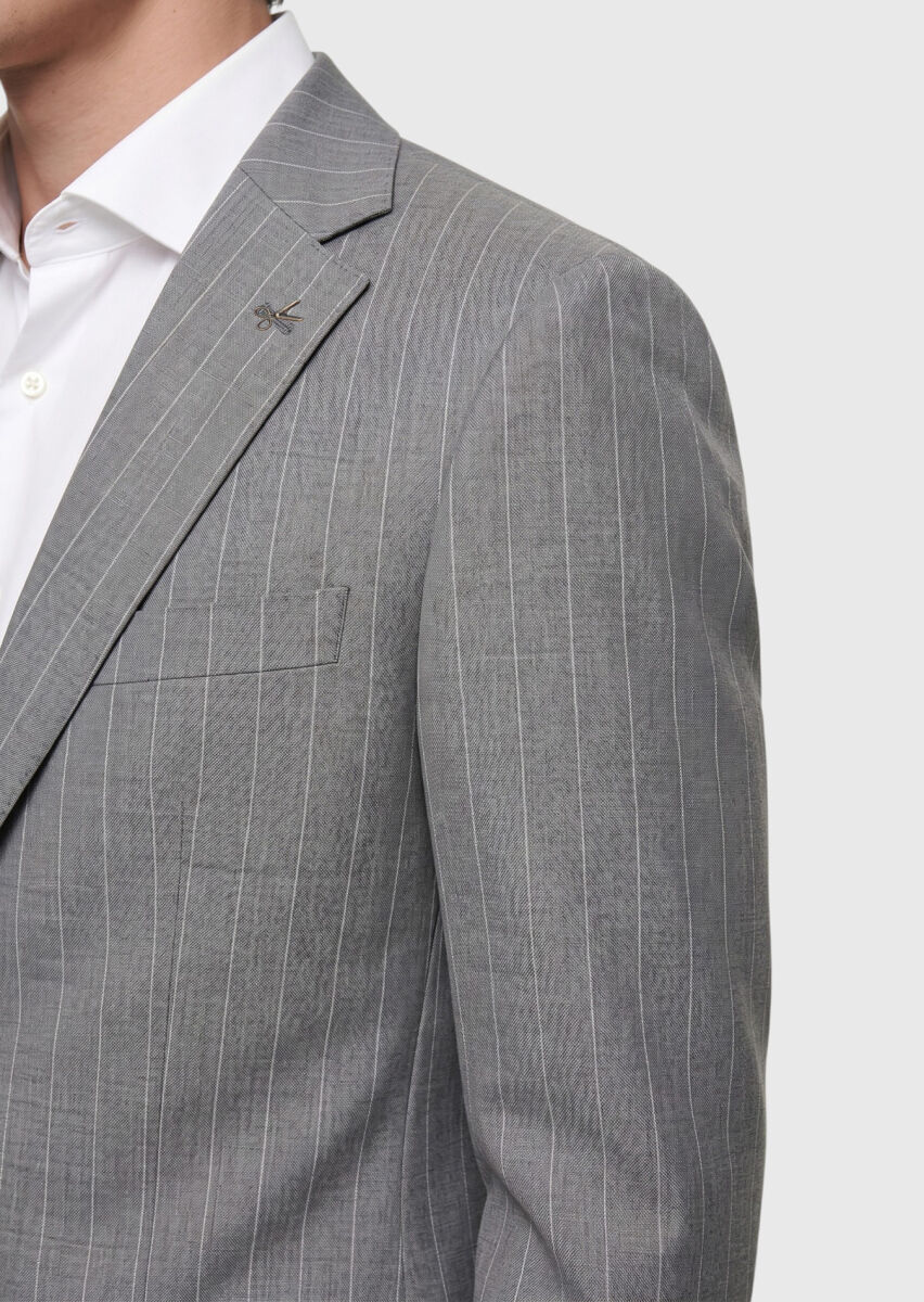 Grey Striped Zeroweight Slim Fit 100% Wool Suit - 3