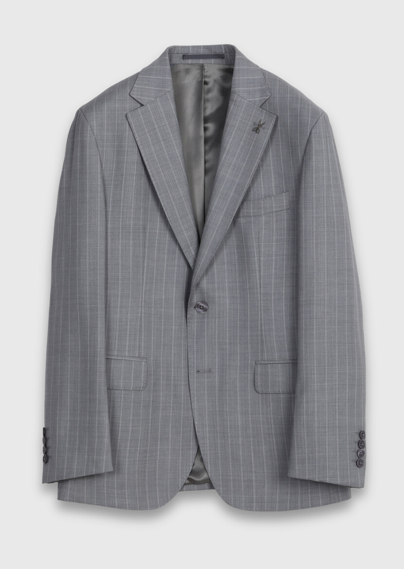 Grey Striped Zeroweight Slim Fit 100% Wool Suit - 6