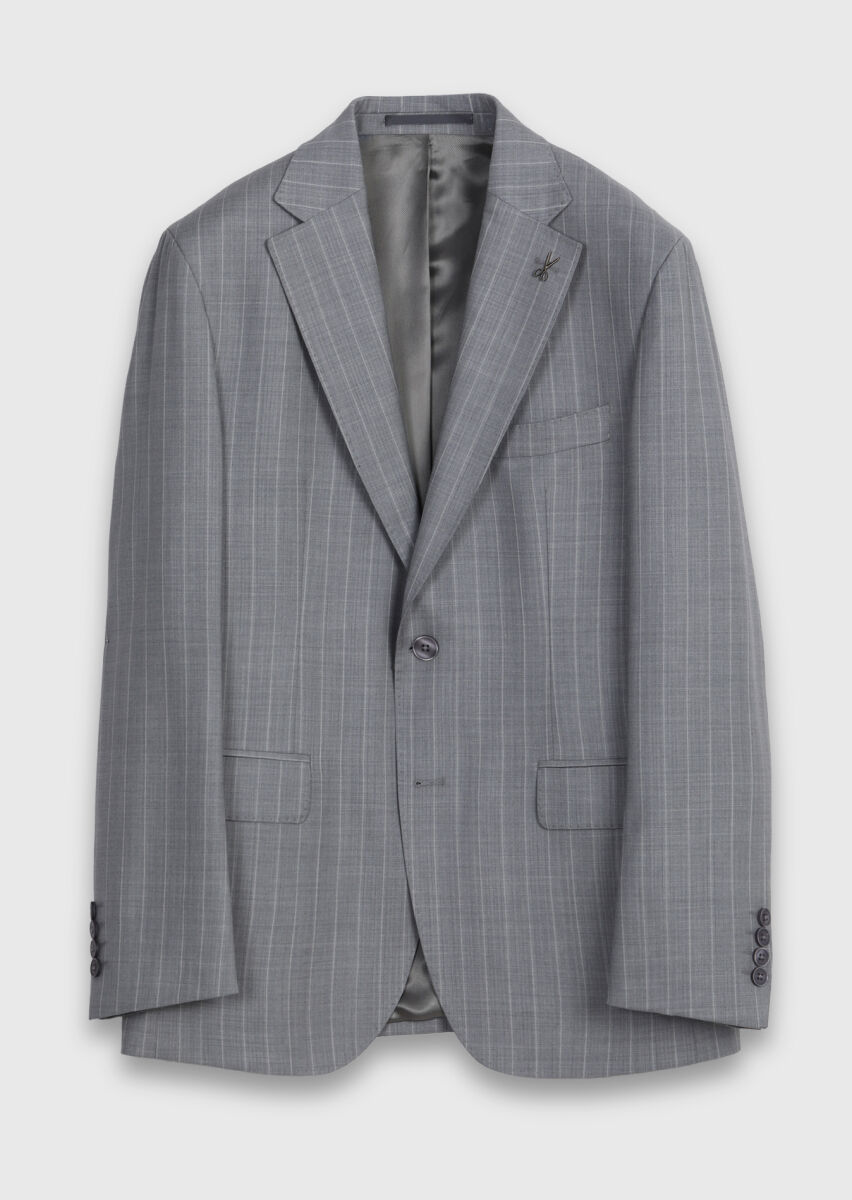 Grey Striped Zeroweight Slim Fit 100% Wool Suit - 6