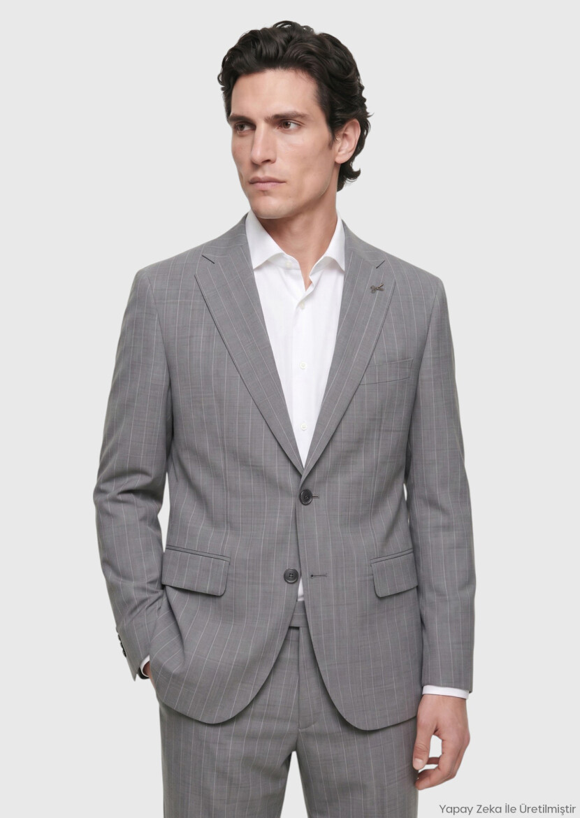 Grey Striped Zeroweight Slim Fit 100% Wool Suit - RAMSEY