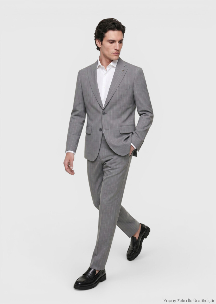 Grey Striped Zeroweight Slim Fit 100% Wool Suit - RAMSEY