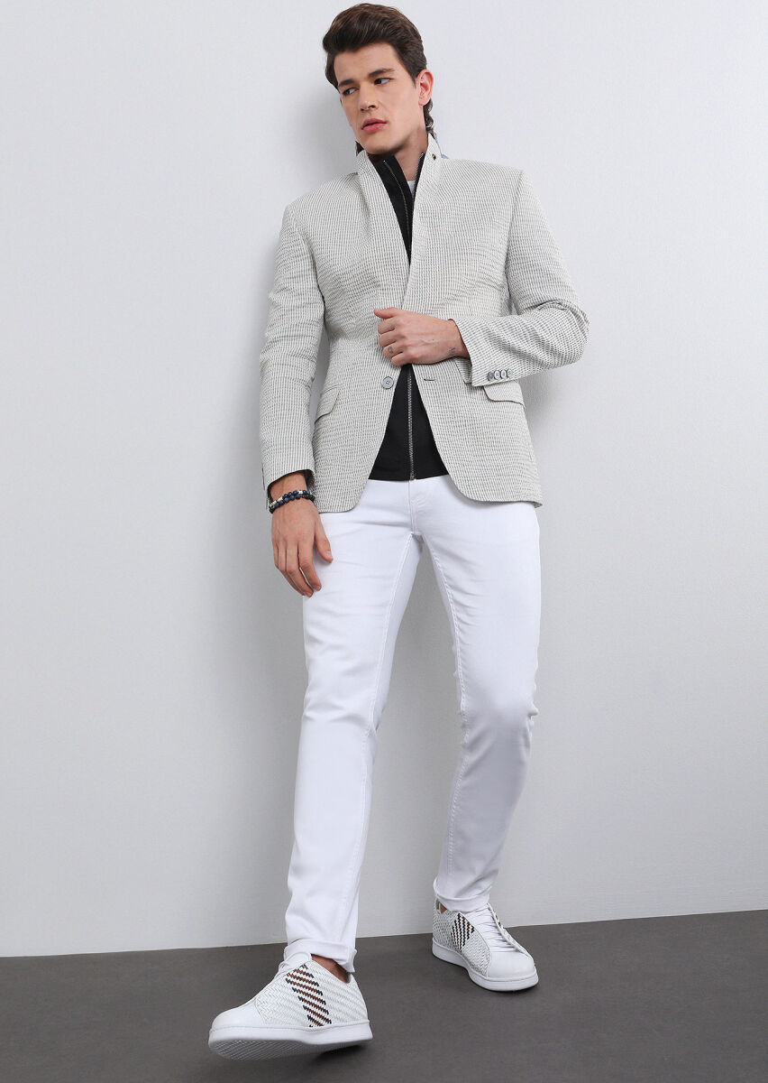 Grey Striped Zeroweight Slim Fit Cotton Blended Jacket - 2