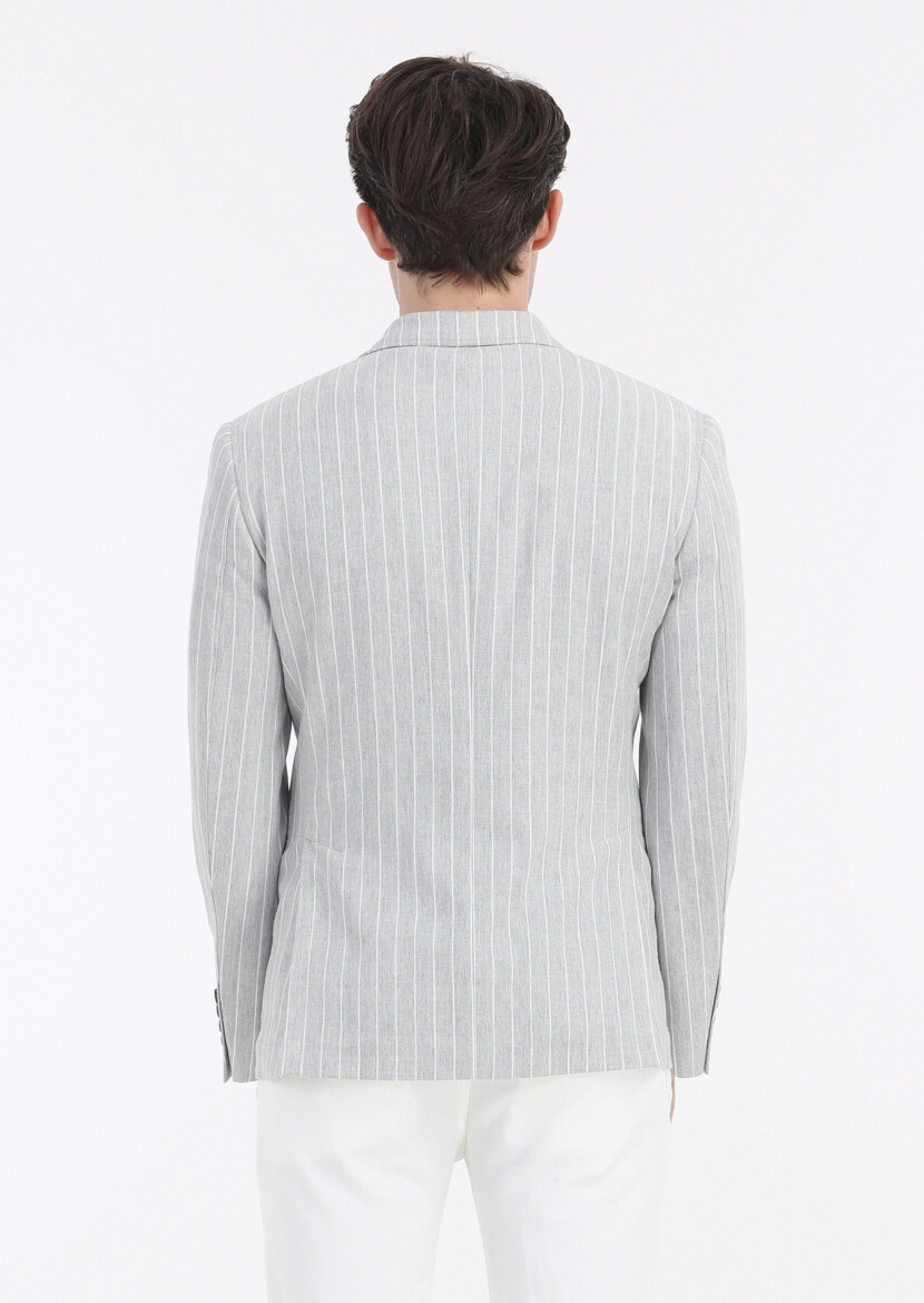 Grey Striped Zeroweight Slim Fit Cotton Blended Jacket - 3