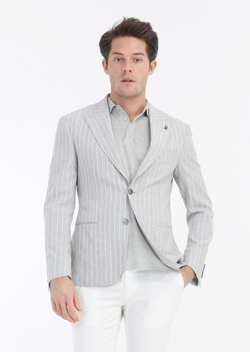 Grey Striped Zeroweight Slim Fit Cotton Blended Jacket - 2