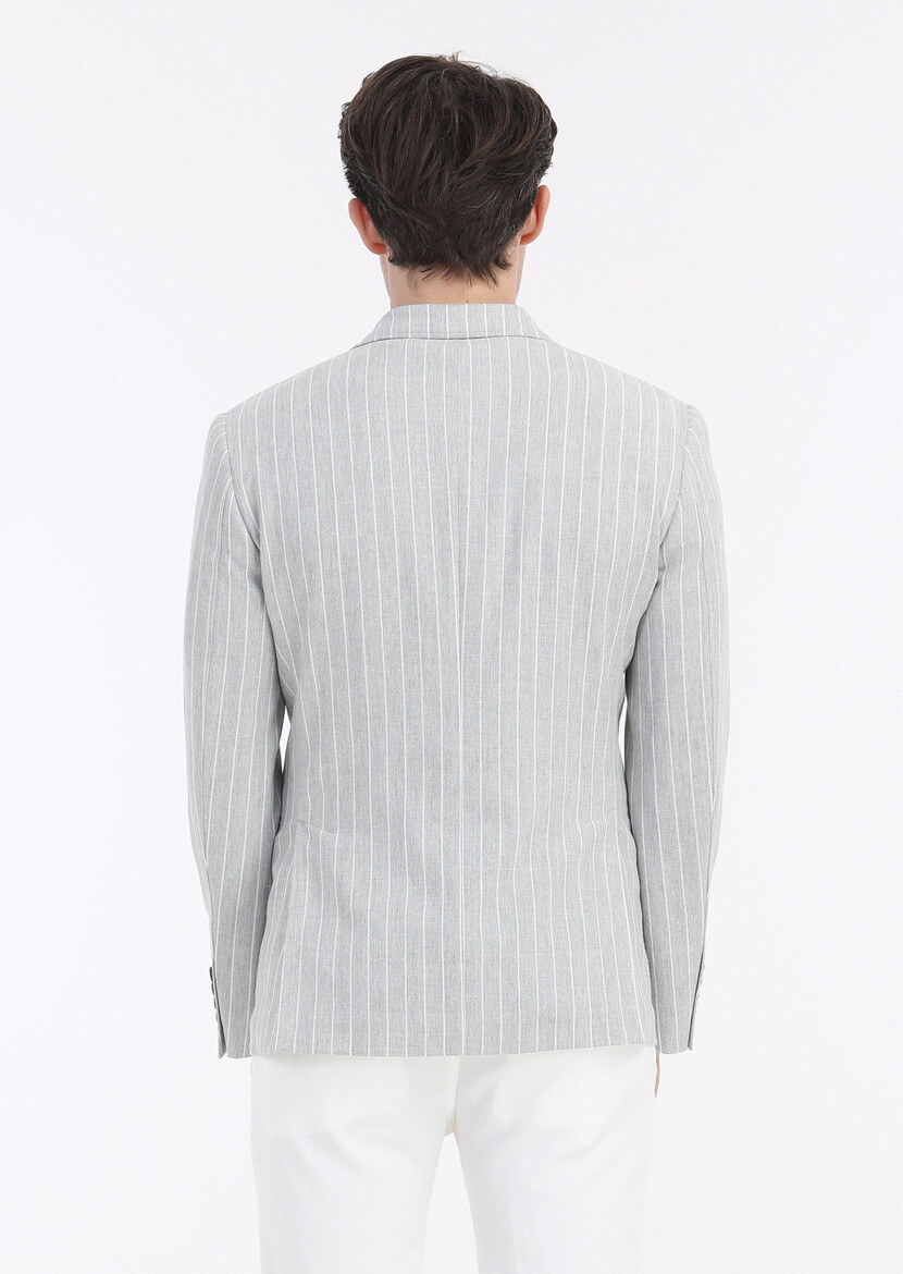 Grey Striped Zeroweight Slim Fit Cotton Blended Jacket - 5