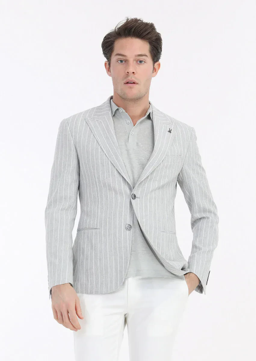Grey Striped Zeroweight Slim Fit Cotton Blended Jacket - 2