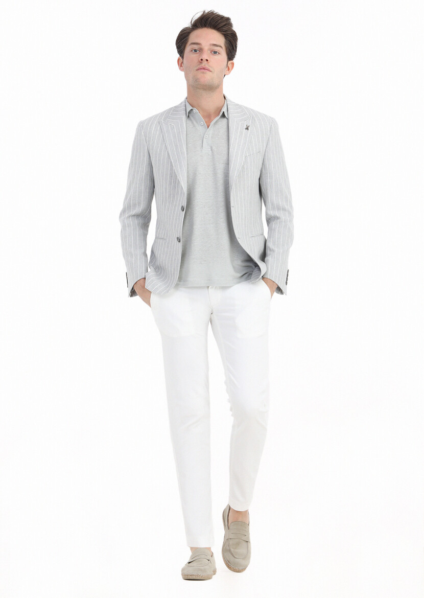 Grey Striped Zeroweight Slim Fit Cotton Blended Jacket 