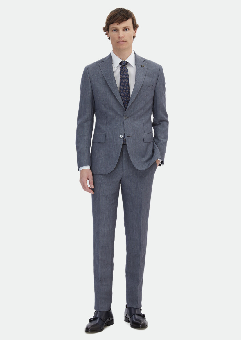 Grey Striped Zeroweight Slim Fit Linen Blended Suit 