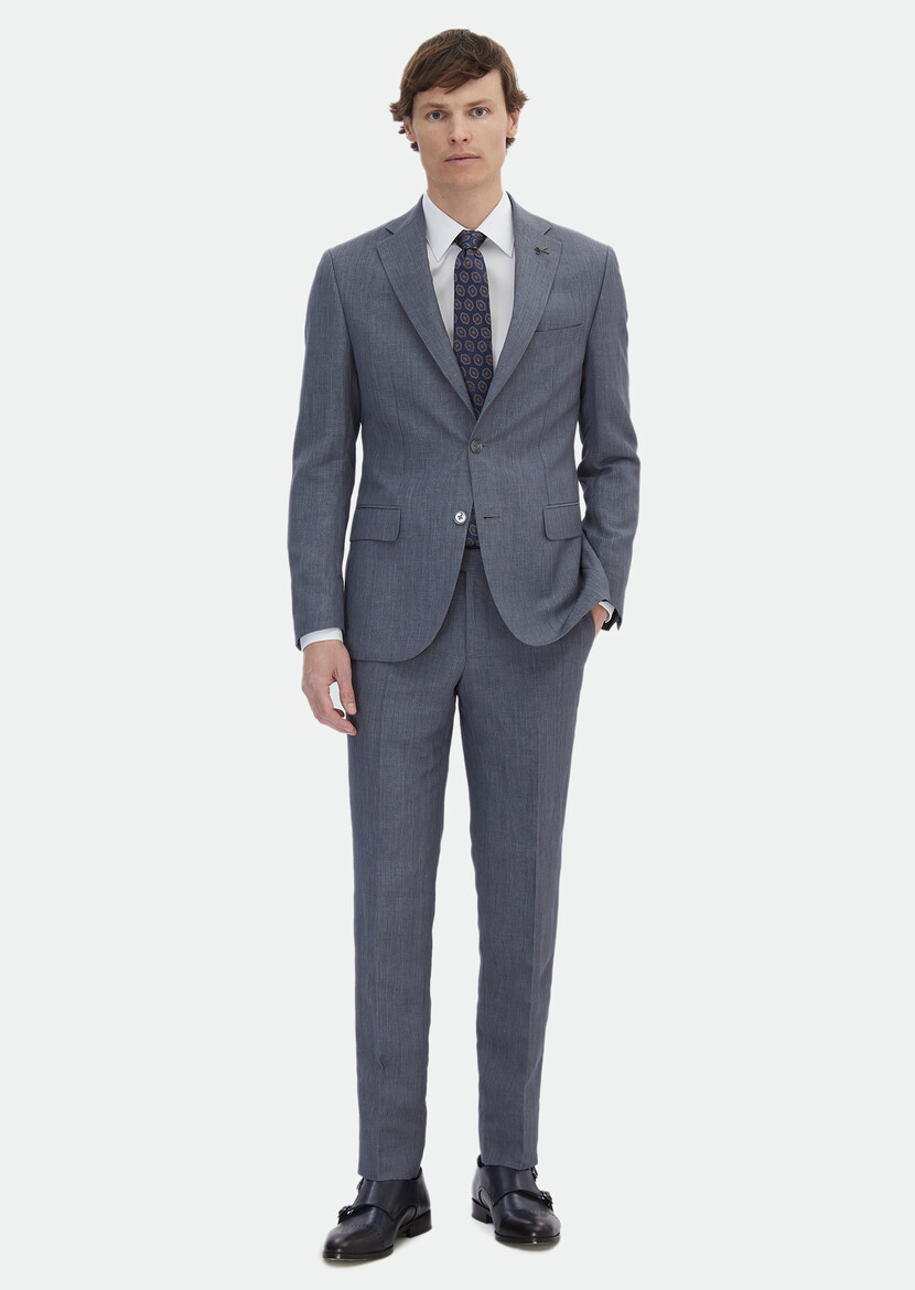 Grey Striped Zeroweight Slim Fit Linen Blended Suit - 2