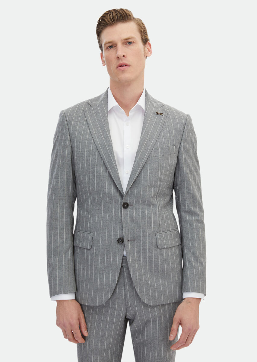 Grey Striped Zeroweight Slim Fit Silk Blended Suit - 1
