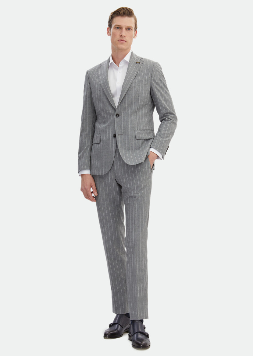 Grey Striped Zeroweight Slim Fit Silk Blended Suit 