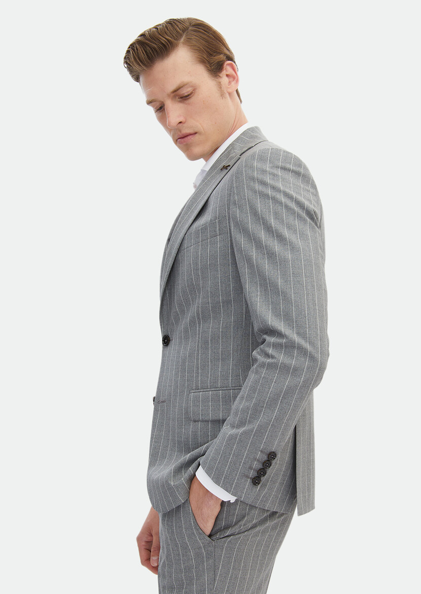 Grey Striped Zeroweight Slim Fit Silk Blended Suit - 3