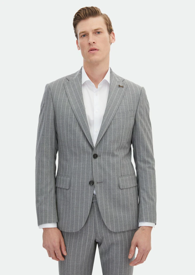 Grey Striped Zeroweight Slim Fit Silk Blended Suit - 1