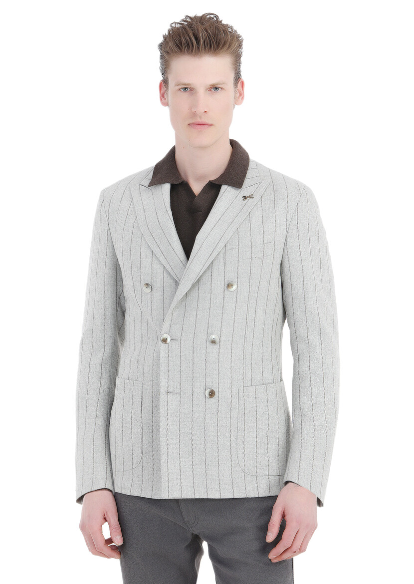 Grey Striped Zeroweight Slim Fit Wool Blended Jacket - 1