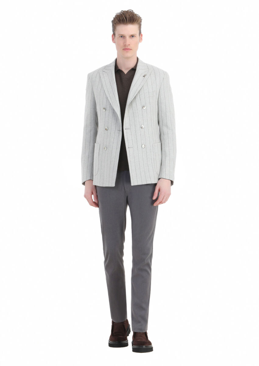 Grey Striped Zeroweight Slim Fit Wool Blended Jacket - 2