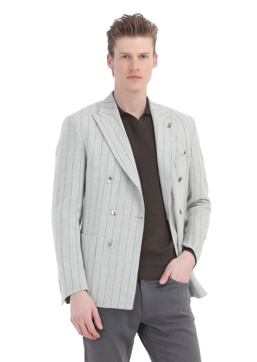 Grey Striped Zeroweight Slim Fit Wool Blended Jacket - 3