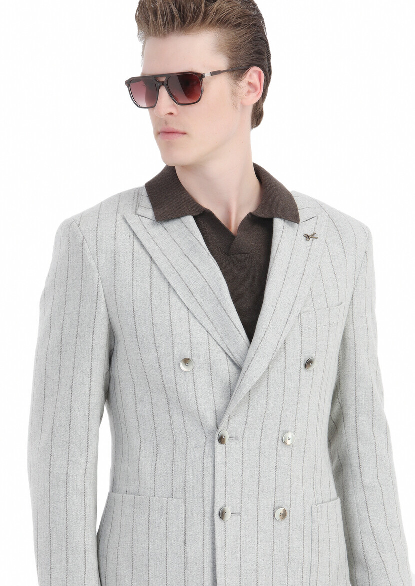 Grey Striped Zeroweight Slim Fit Wool Blended Jacket - 4