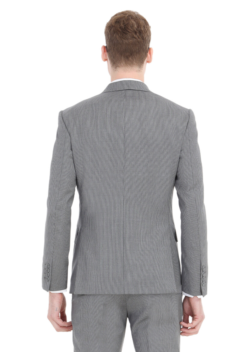Grey Striped Zeroweight Slim Fit Wool Blended Suit - 4