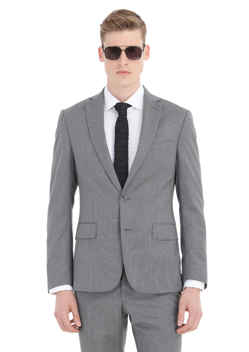 Grey Striped Zeroweight Slim Fit Wool Blended Suit - 2