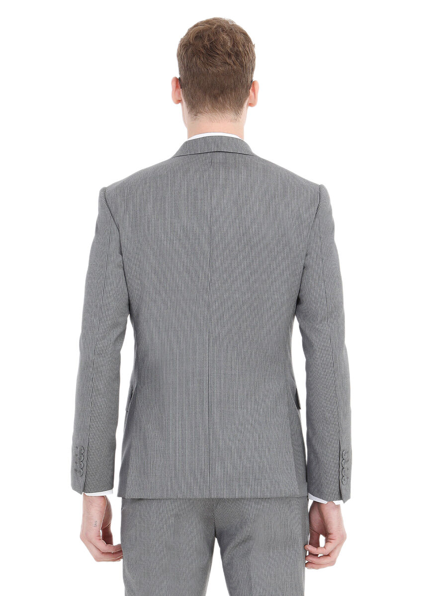 Grey Striped Zeroweight Slim Fit Wool Blended Suit - 5