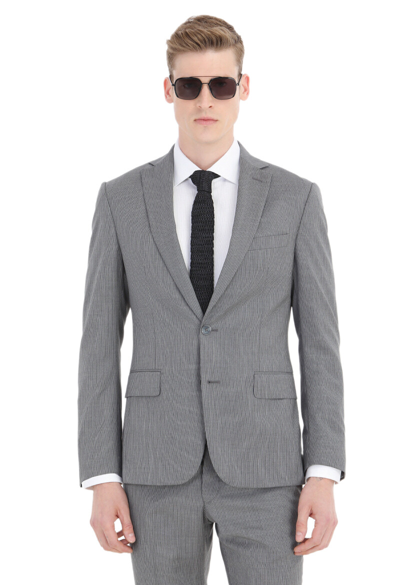 Grey Striped Zeroweight Slim Fit Wool Blended Suit - 2