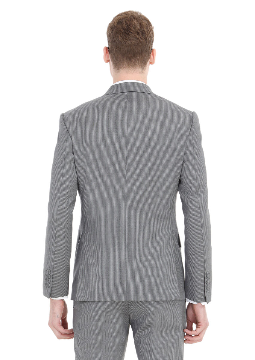 Grey Striped Zeroweight Slim Fit Wool Blended Suit - 5