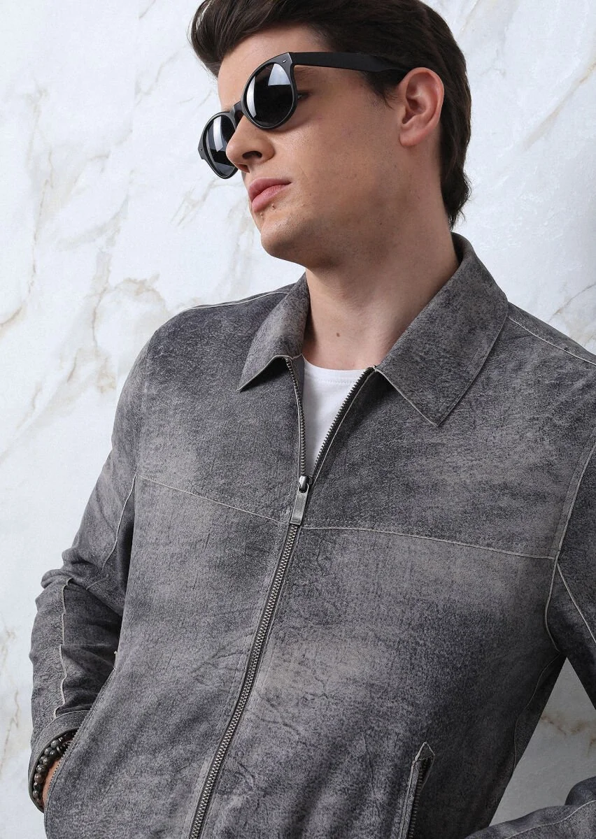 Grey Suede Leather Coat - 1