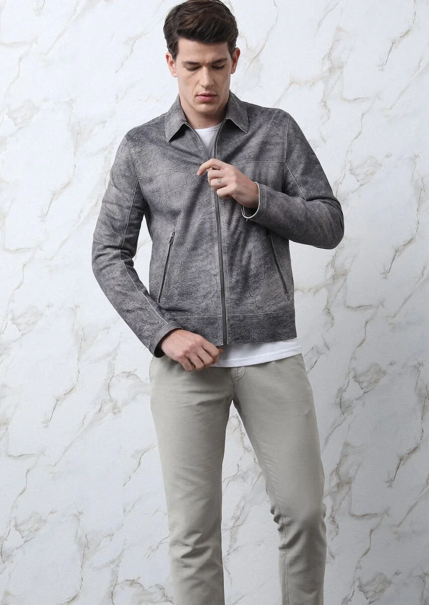 Grey Suede Leather Coat - 3