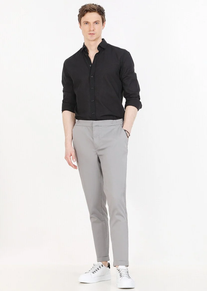 Grey Weaving Jogging Fit Casual Cotton Blended Trousers - 1