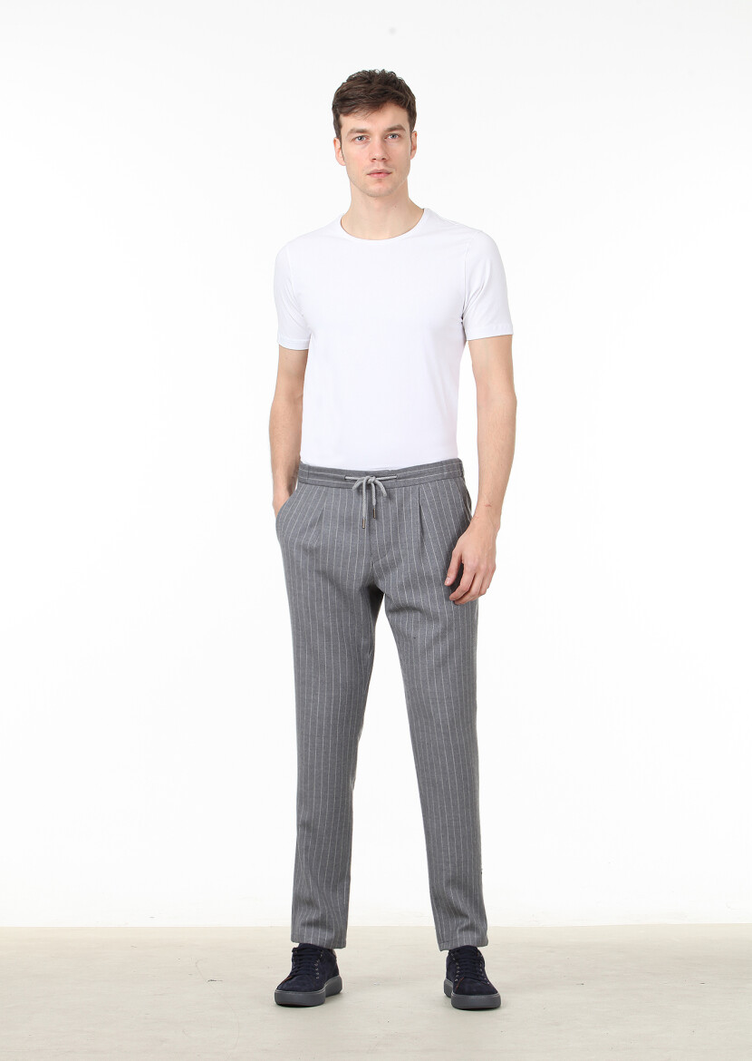 Grey Weaving Jogging Fit Casual Wool Blended Trousers - 2