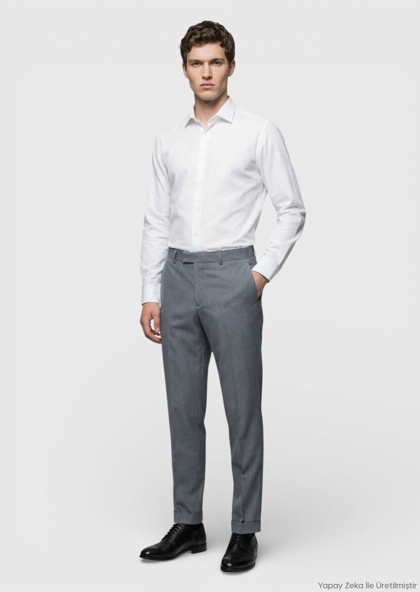 Grey Weaving Regular Fit Casual 100% Wool Trousers 