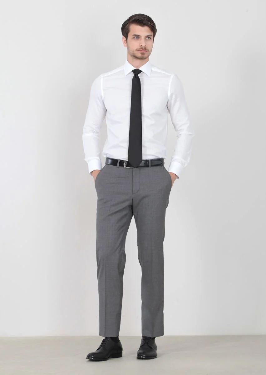 Grey Weaving Regular Fit Classical 100% Wool Trousers - 2