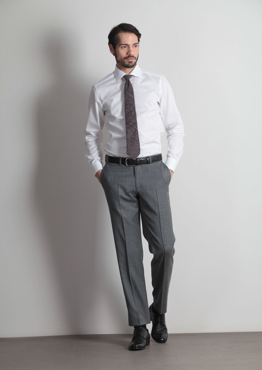 Grey Weaving Regular Fit Classical 100% Wool Trousers - 1