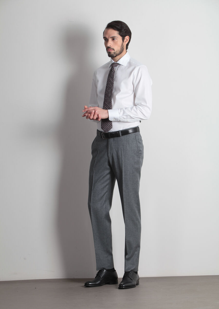 Grey Weaving Regular Fit Classical 100% Wool Trousers - 2