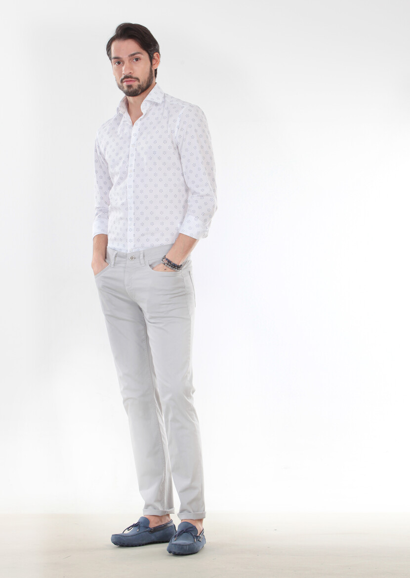 Grey Weaving Slim Fit Casual Cotton Blended Trousers - 1