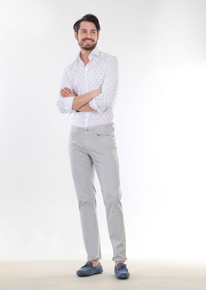 Grey Weaving Slim Fit Casual Cotton Blended Trousers - 3