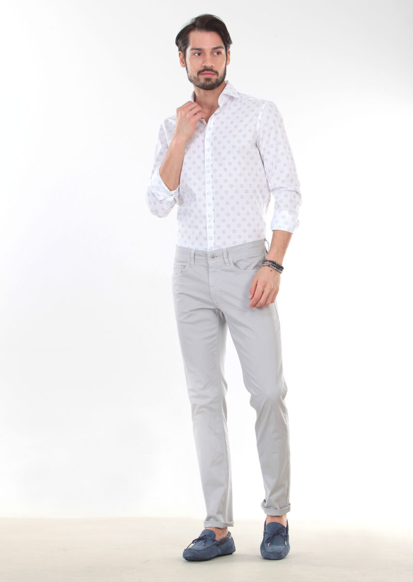 Grey Weaving Slim Fit Casual Cotton Blended Trousers - 4