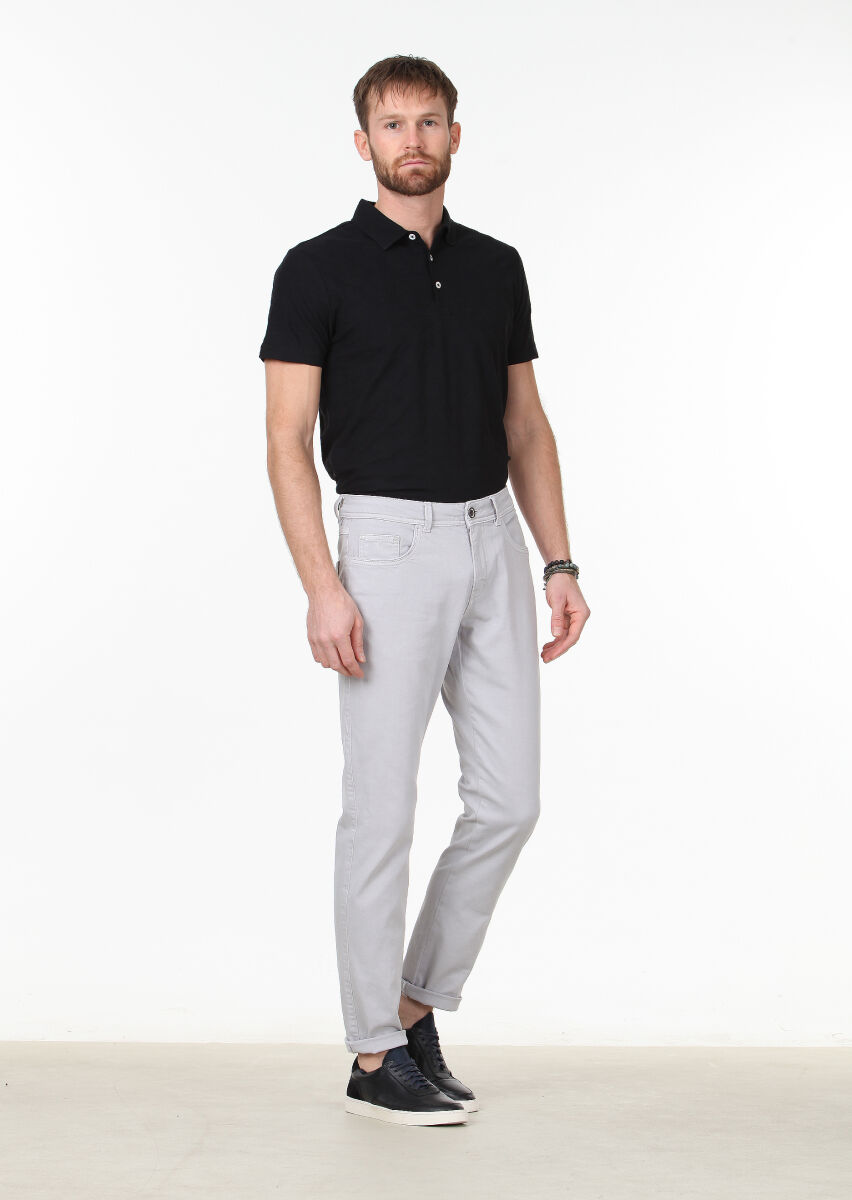 Grey Weaving Slim Fit Casual Cotton Blended Trousers - 1