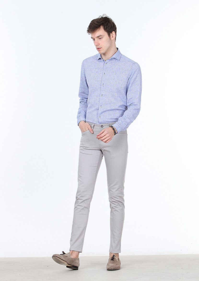 Grey Weaving Slim Fit Casual Cotton Blended Trousers 