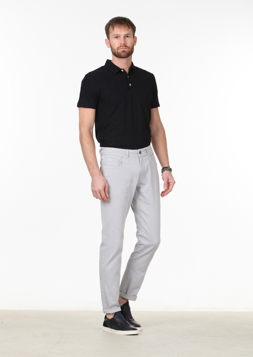 Grey Weaving Slim Fit Casual Cotton Blended Trousers - 1